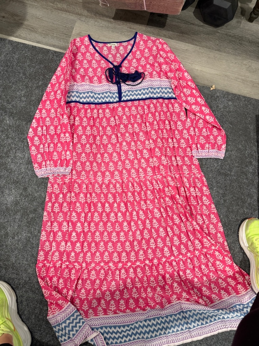 Women’s Pink Printed Long-Sleeve swim cover up with Blue Trim